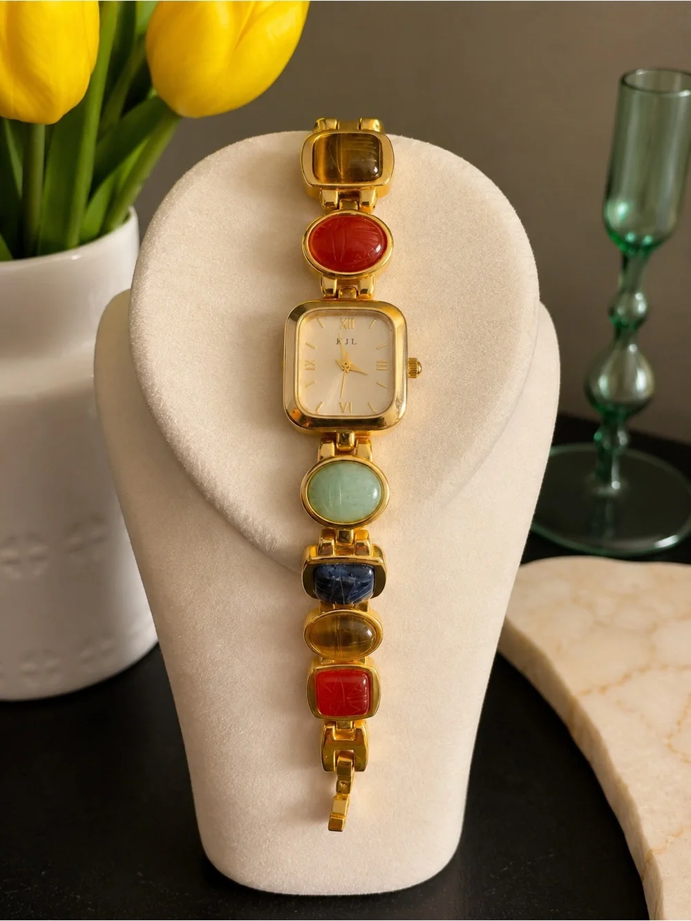 KJL Kenneth Jay Lane Genuine Gemstone Gold Tone Bracelet Watch Vintage